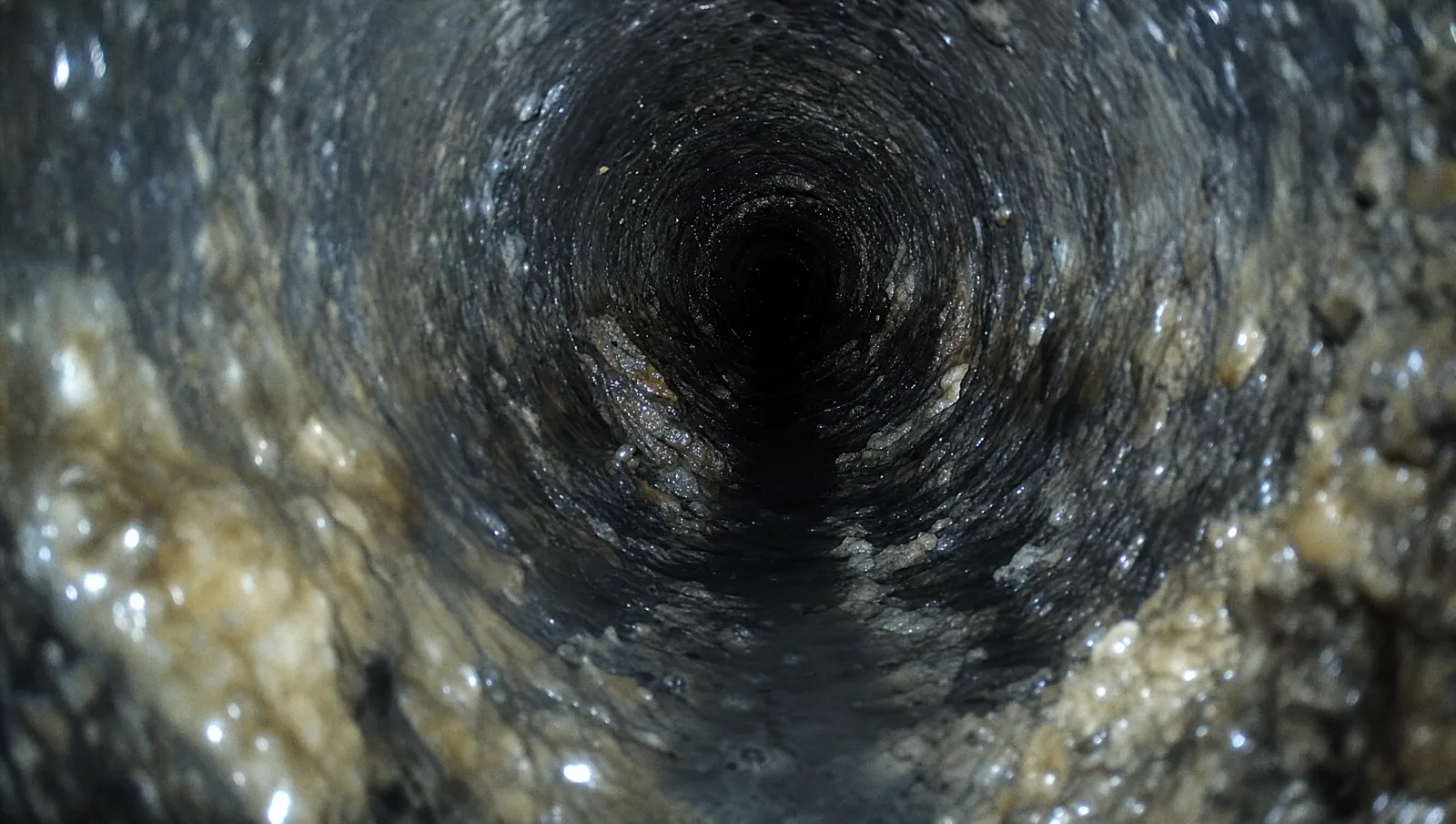 Interior view along a residential drain pipe whose wall is coated in greasy buildup, narrowing the open channel.