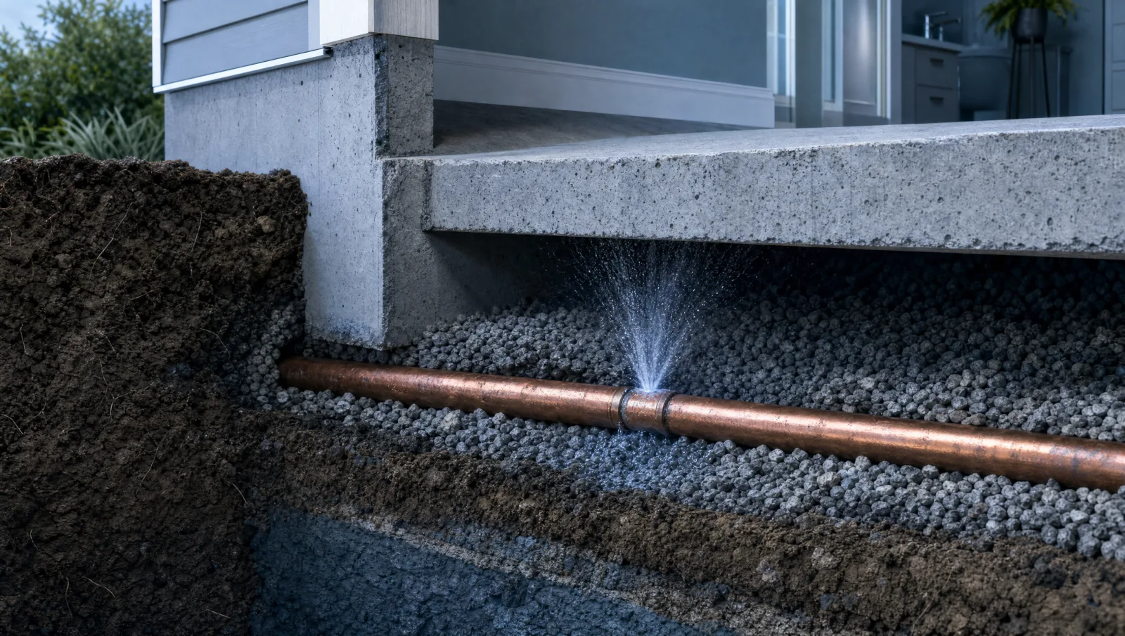 Cutaway view of a copper water supply line running beneath a concrete slab, with water escaping at a joint into the surrounding soil.