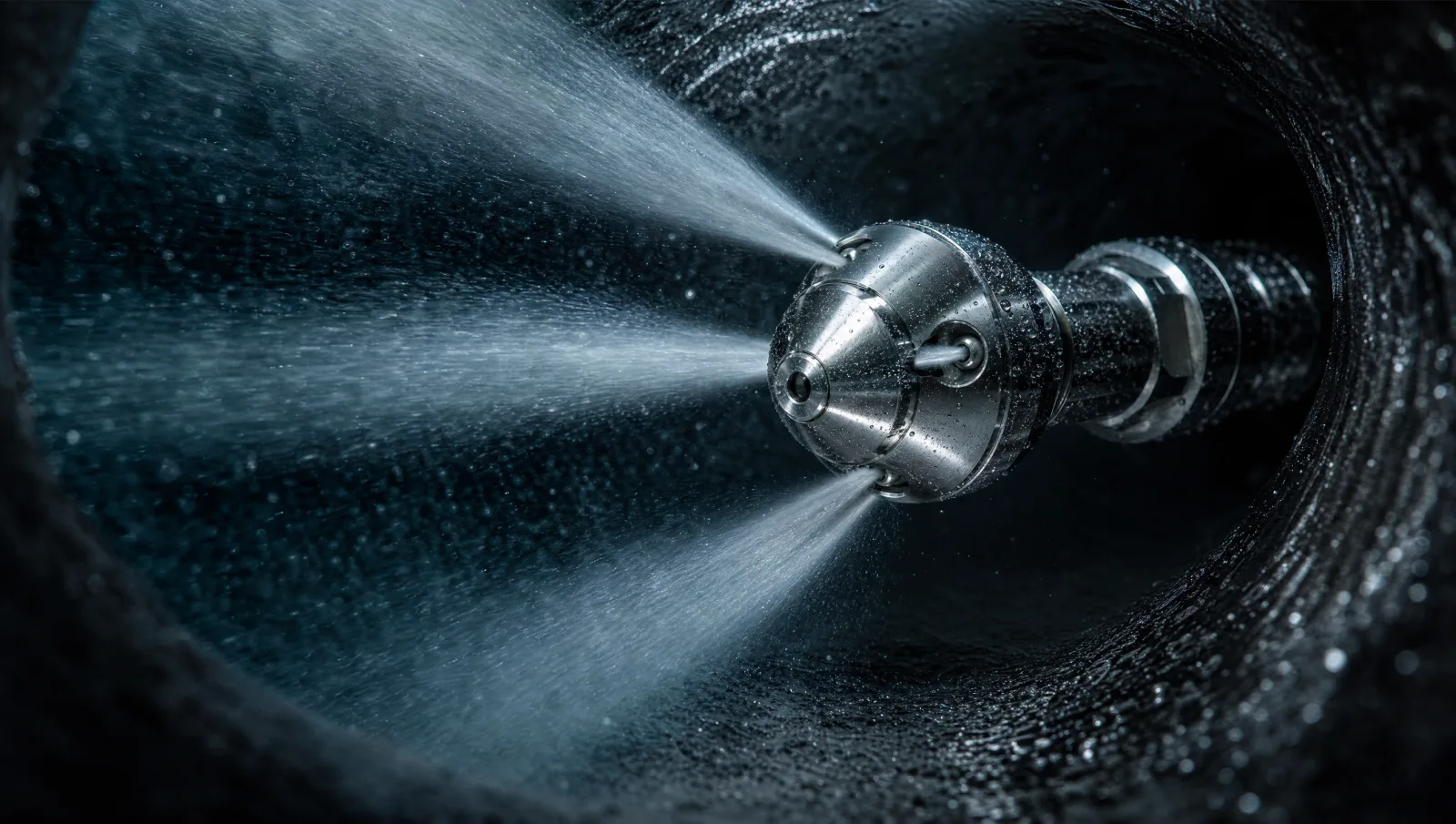 A high-pressure jetting nozzle firing radial water jets backward inside a dark pipe, with fine mist suspended in the light.