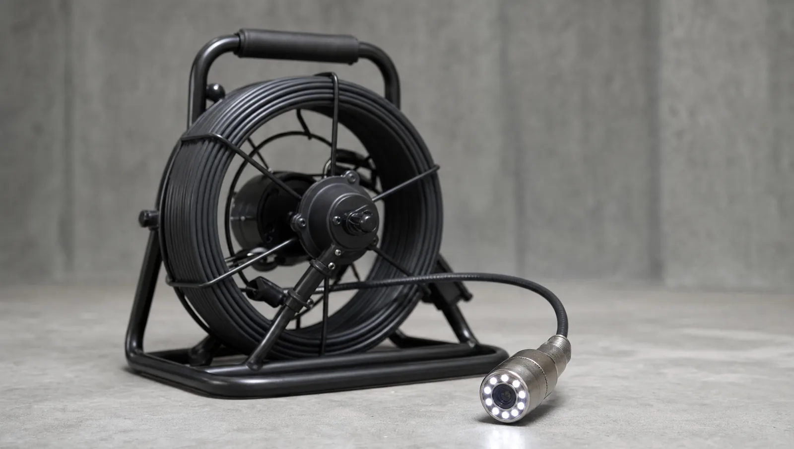 A push camera reel with coiled fibre cable and a compact lens head ringed by small lights, resting on a concrete surface.
