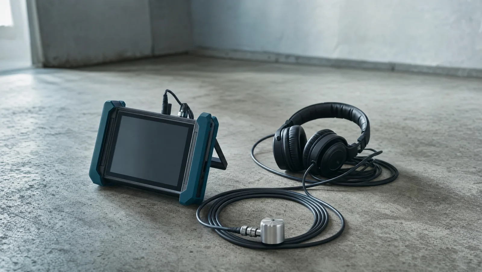 Acoustic leak locating equipment — a ground microphone probe and headphones on a coiled cable — resting on a bare interior floor.