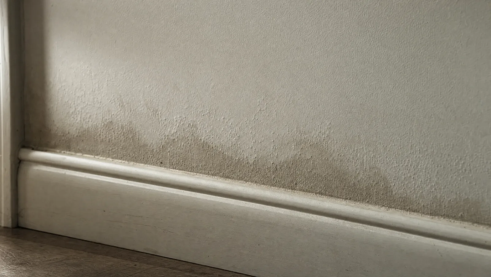 Close view of a baseboard and lower wall with a dark tidemark of moisture wicking upward through the paint.
