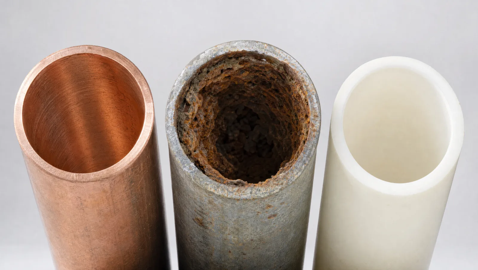 Three pipe segments cut in cross section side by side — copper, heavily corroded galvanised steel, and smooth white plastic.