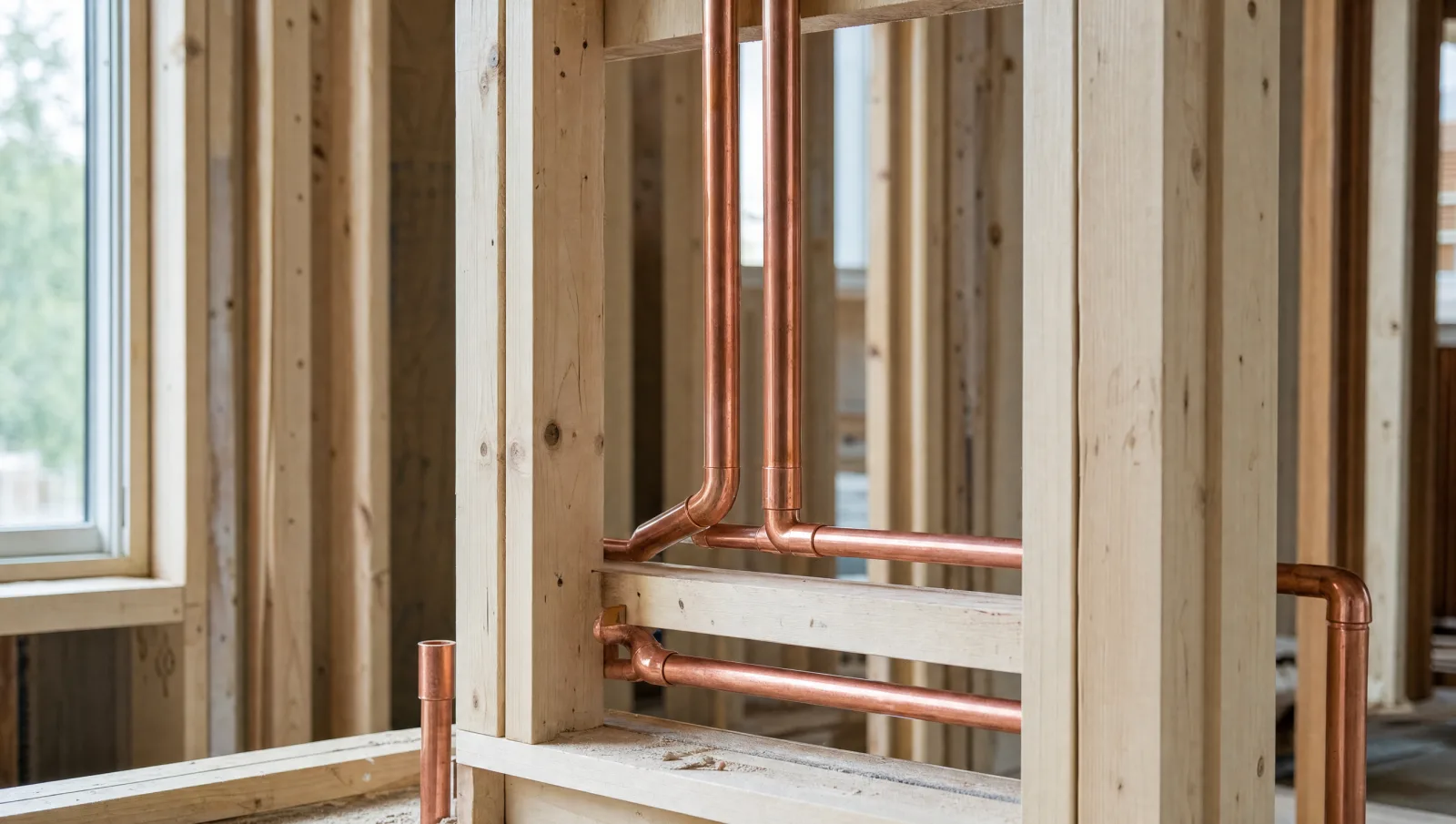 Bare copper water lines running vertically and horizontally through open timber wall framing in an unfinished interior.