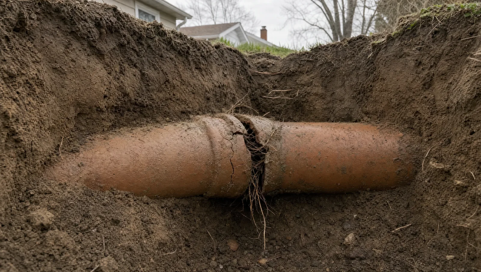 An open excavation trench in a yard exposing a cracked clay sewer pipe joint with fine tree roots growing through the break.