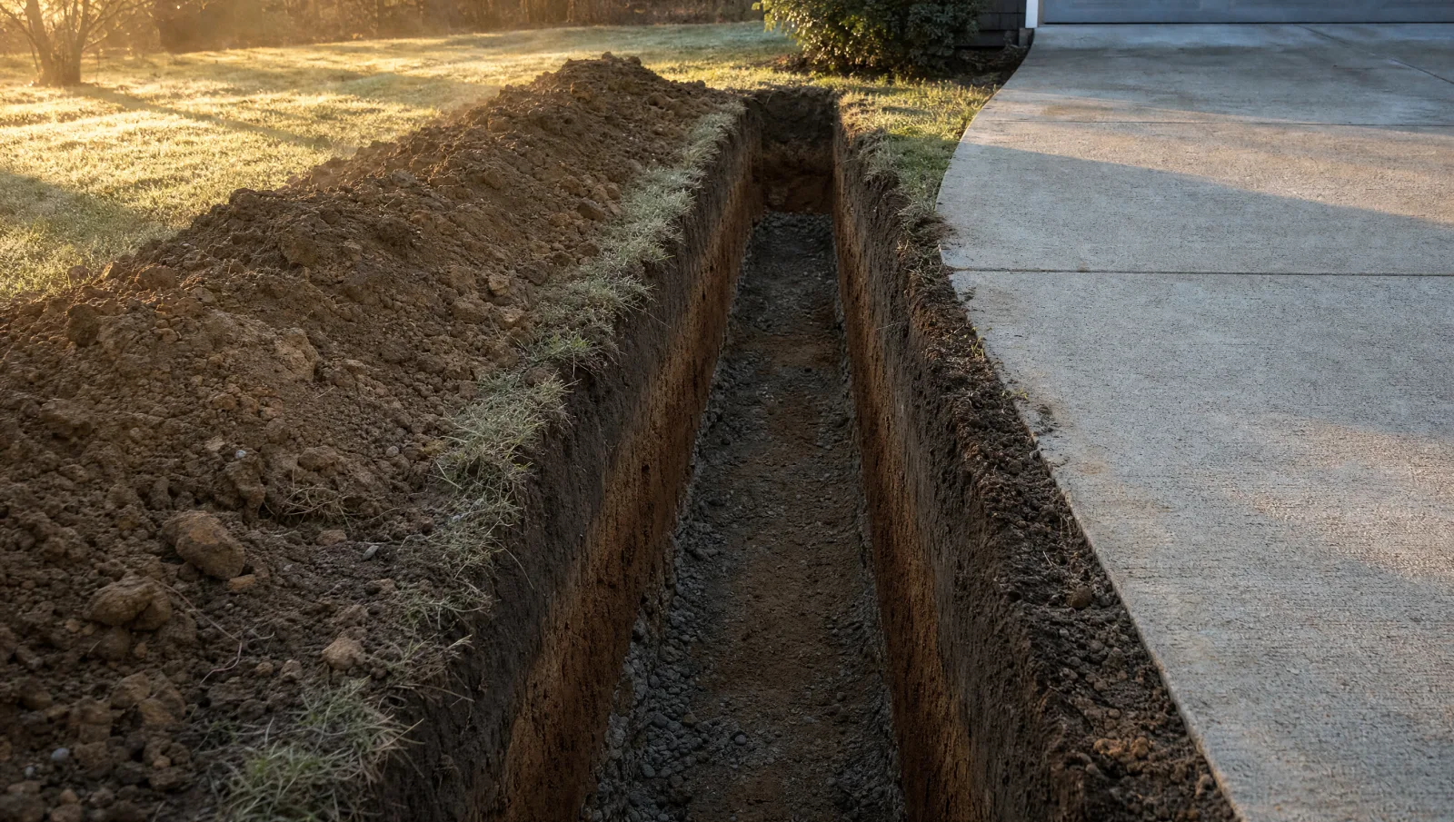 A narrow open trench cut into a residential lawn beside a concrete driveway, its wall showing a layered profile of topsoil, clay and gravel.