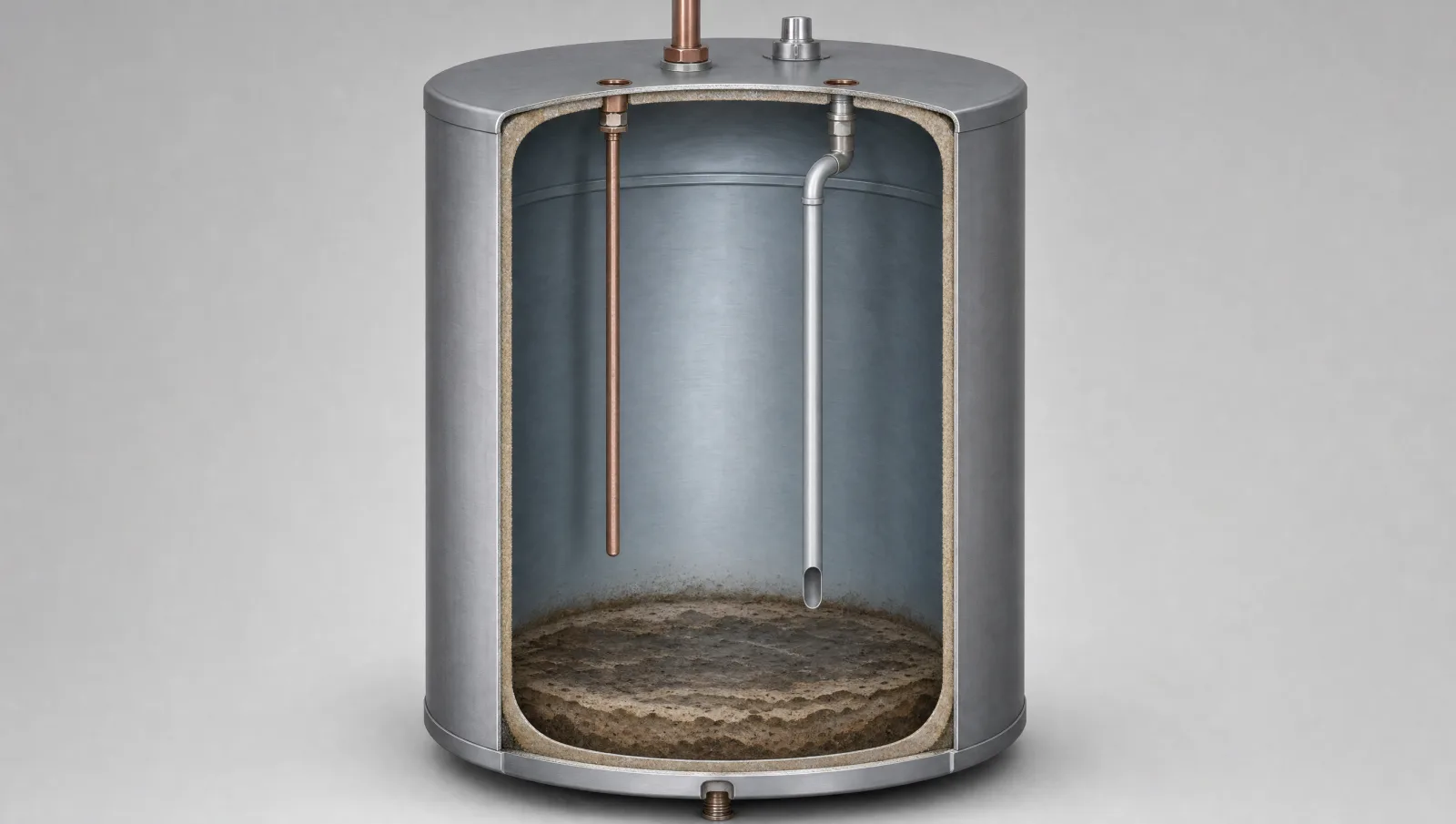 Cutaway illustration of a residential storage water tank showing sediment collected across the base around the dip tube.